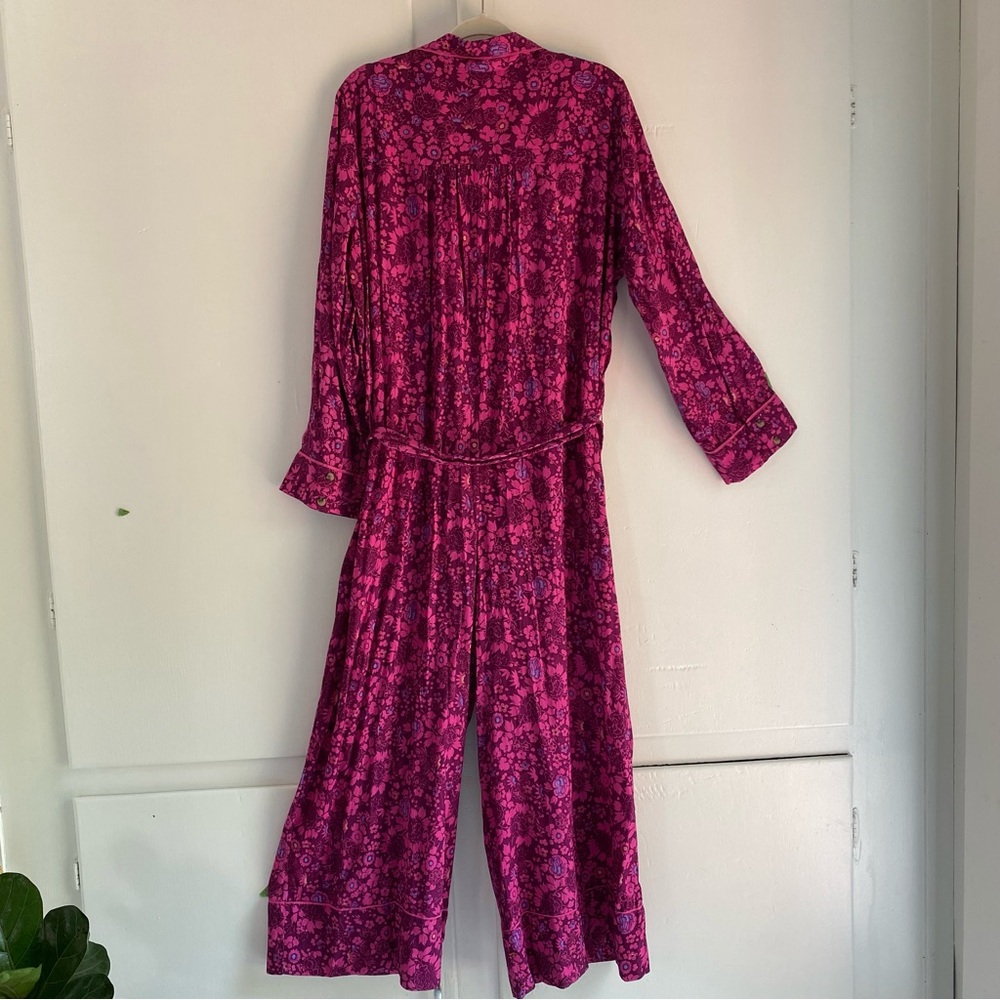Anthropologie Jumpsuit Deep Magenta Floral Button Tie Rayon Washable Piping L - Picture 12 of 12